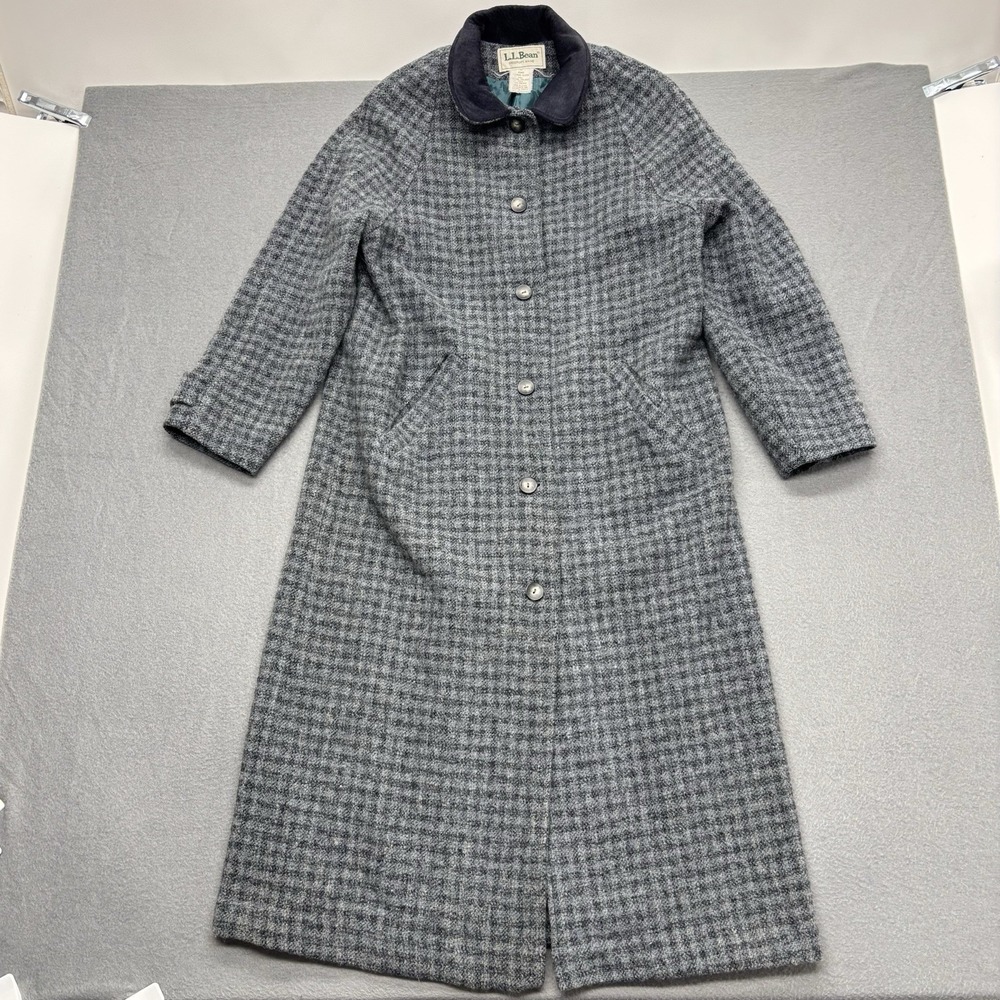 LL Bean VTG Gray Blue Wool Overcoat Women's Petite M Suede Collar Houndstooth - Picture 2 of 16